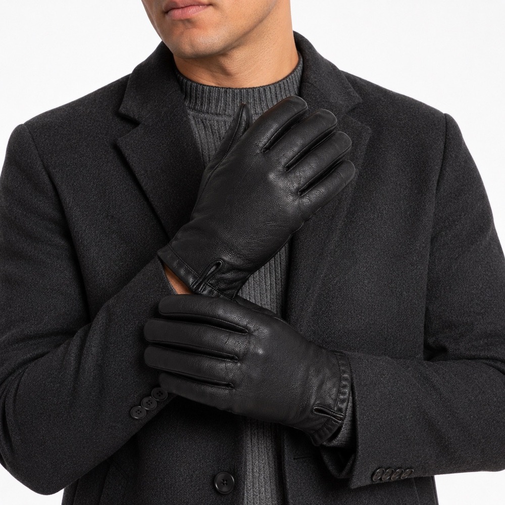 Calvin Klein Black Genuine Leather Fleece Lined Winter Gloves L/G